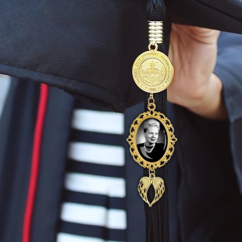 Custom Graduation Tassel Photo Charm with Angel Wings, Memorial Graduation Gift For Her, Graduation 2024