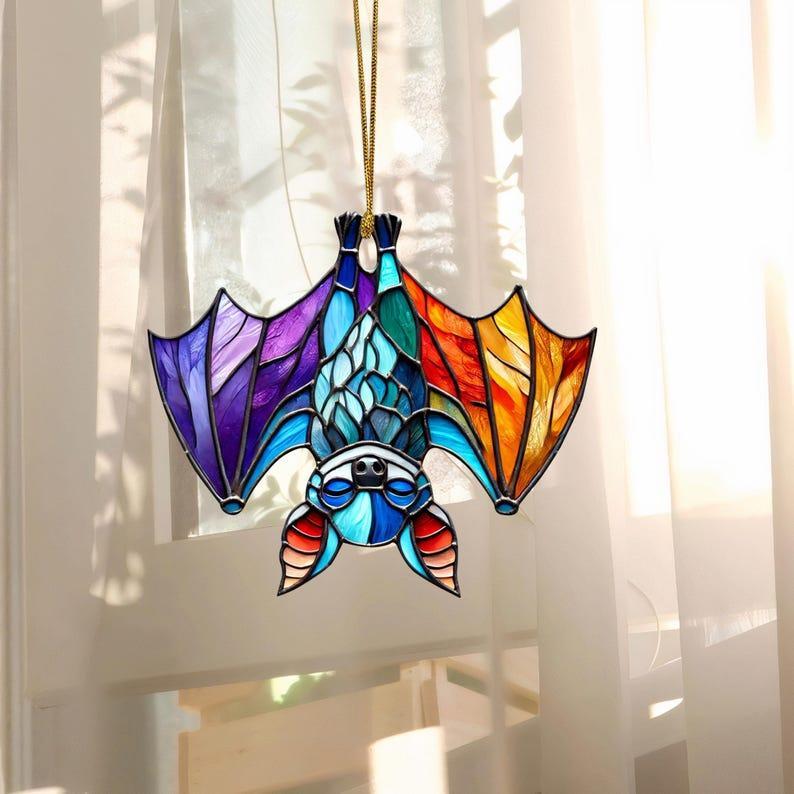 Upside Down Bat Colorful Ornament Suncatcher, Acrylic Bat Halloween Tree Hanging, Bat Window Decor, Bat Lover Gift, Halloween Party Decor