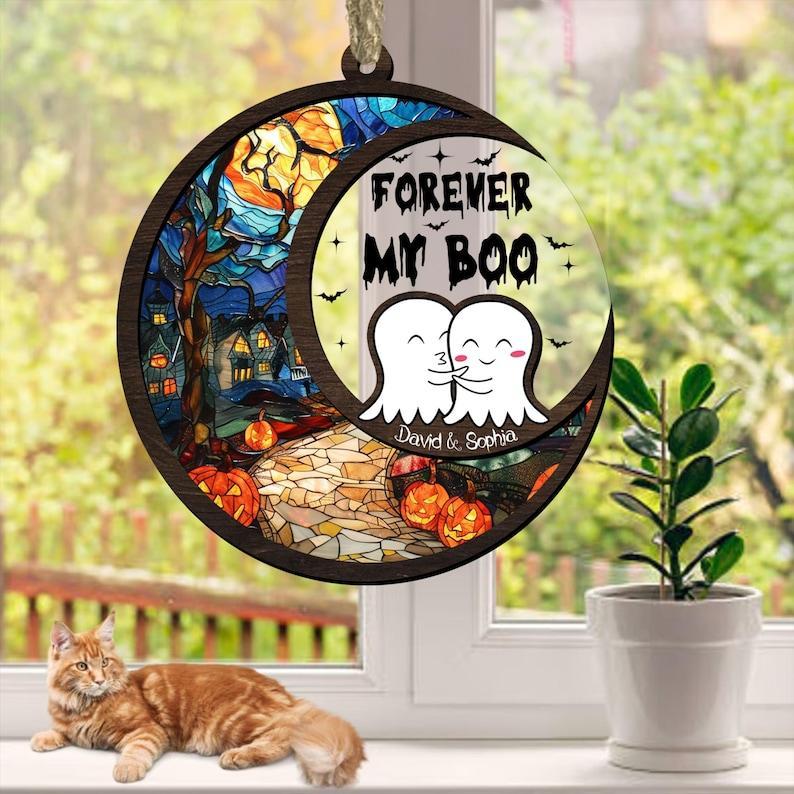 Personalized Halloween Forever My Boo Suncatcher, Halloween Gift for Couple, Halloween Suncatcher for Couple, Ghost Couple Gift