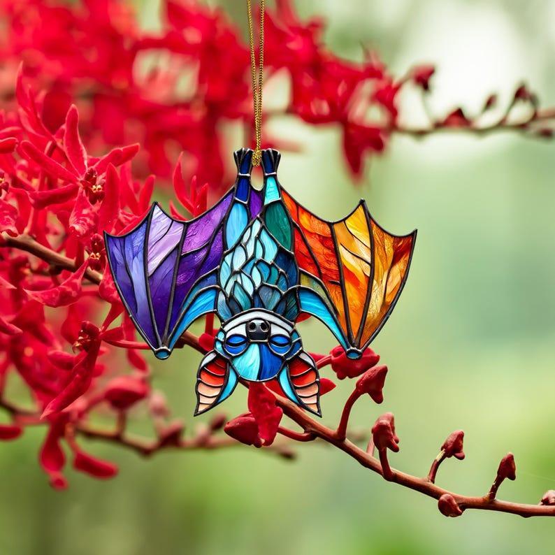 Upside Down Bat Colorful Ornament Suncatcher, Acrylic Bat Halloween Tree Hanging, Bat Window Decor, Bat Lover Gift, Halloween Party Decor