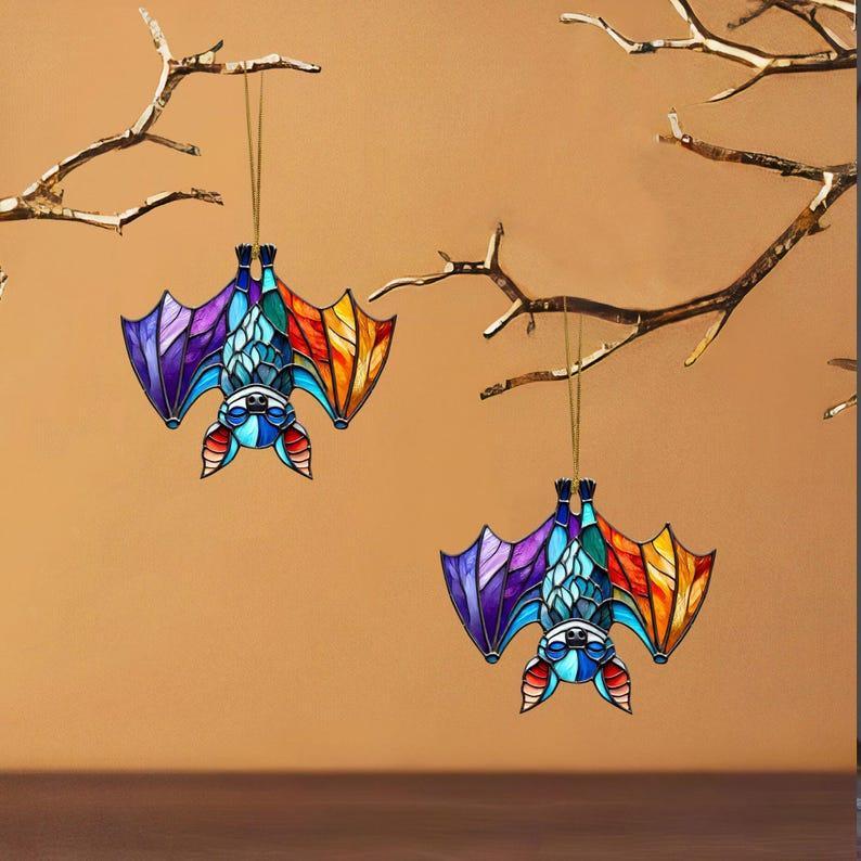 Upside Down Bat Colorful Ornament Suncatcher, Acrylic Bat Halloween Tree Hanging, Bat Window Decor, Bat Lover Gift, Halloween Party Decor