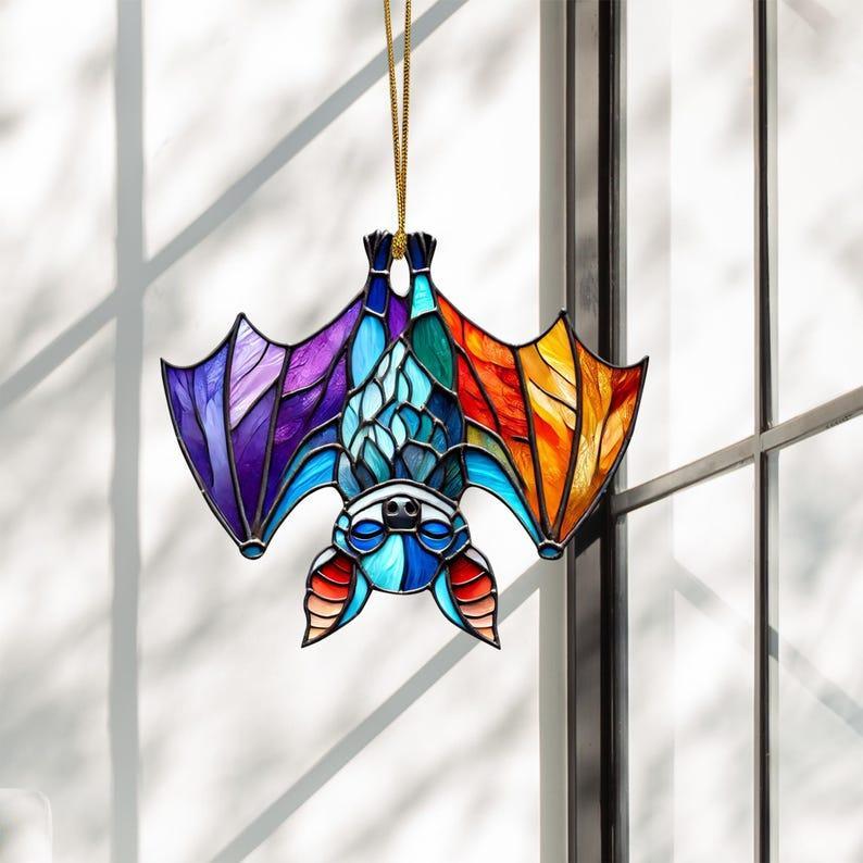 Upside Down Bat Colorful Ornament Suncatcher, Acrylic Bat Halloween Tree Hanging, Bat Window Decor, Bat Lover Gift, Halloween Party Decor