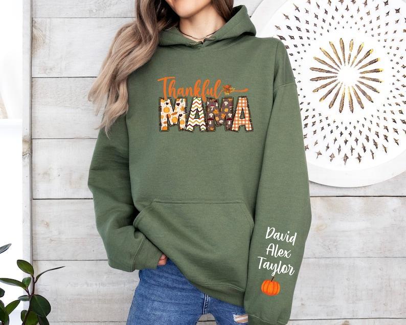 Custom Thankful Mama Sweatshirt with Kids Name on Sleeve Sweatshirt, Thanksgiving Mama Halloween Sweatshirt, Mama Halloween Gift,Custom Mama