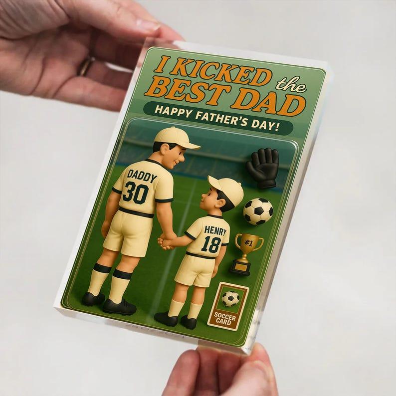 Personalized Soccer Dad Action Figure Plaque Custom Father's Day Gift, We Kicked the Best Dad Acrylic Block, Unique Gift for Dad or Papa - Get Photo Blanket