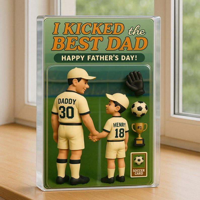 Personalized Soccer Dad Action Figure Plaque Custom Father's Day Gift, We Kicked the Best Dad Acrylic Block, Unique Gift for Dad or Papa - Get Photo Blanket