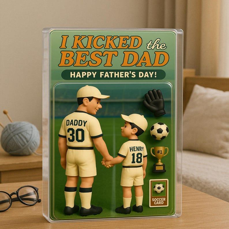 Personalized Soccer Dad Action Figure Plaque Custom Father's Day Gift, We Kicked the Best Dad Acrylic Block, Unique Gift for Dad or Papa - Get Photo Blanket