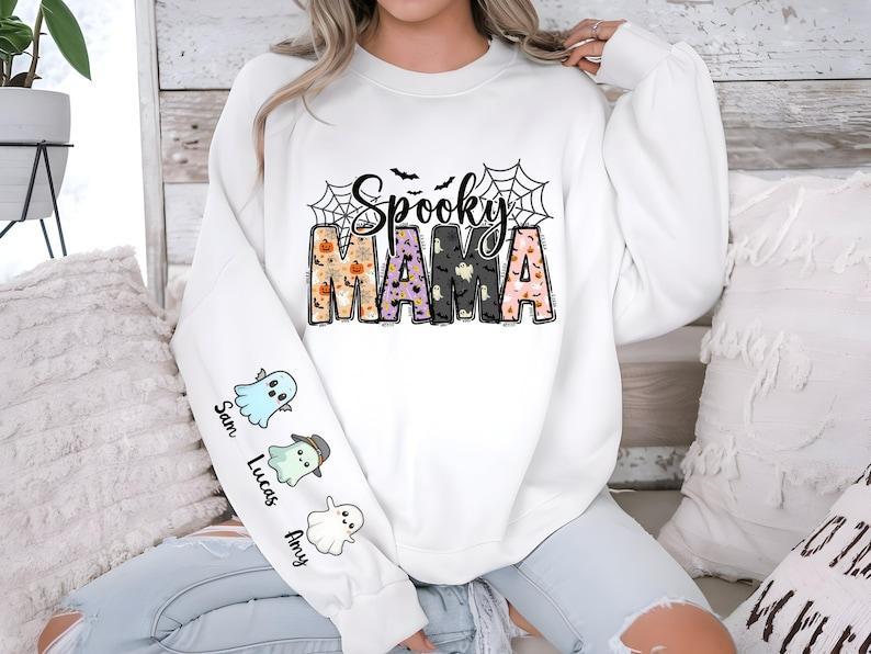 Custom Spooky Mama Shirt, Halloween Gift For Mom, Mommy T-Shirt With Kids Names, Halloween Kids Name Tees, Halloween Nana Sweatshirt