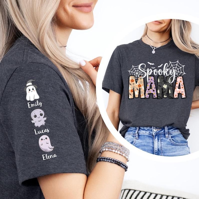 Custom Spooky Mama Shirt, Halloween Gift For Mom, Mommy T-Shirt With Kids Names, Halloween Kids Name Tees, Halloween Nana Sweatshirt