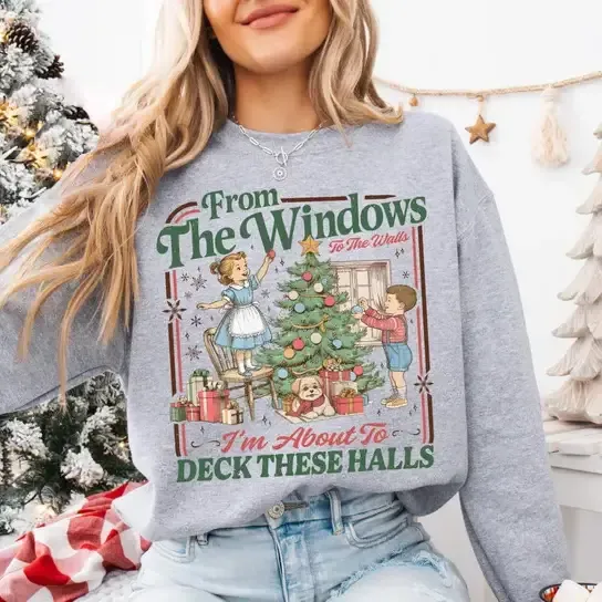 Funny Christmas Crewneck Sweatshirt - Vintage Deck These Halls Holiday Sweater for Men & Women