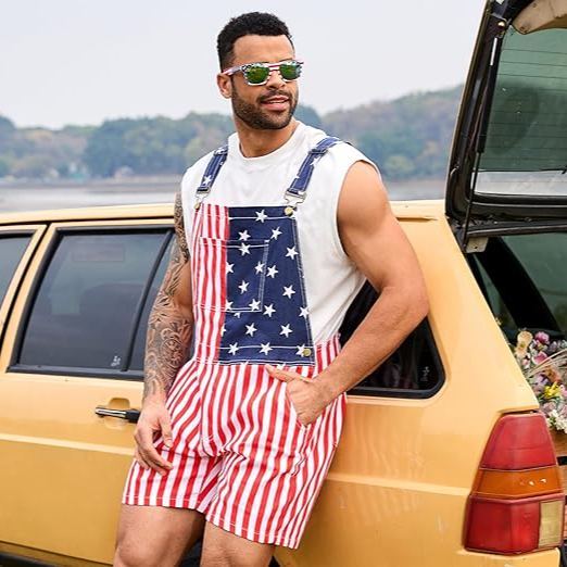 4th of July American Flag Overalls Festival Bib Overalls for Men Shorts Jumpsuit Adjustable Straps Coveralls