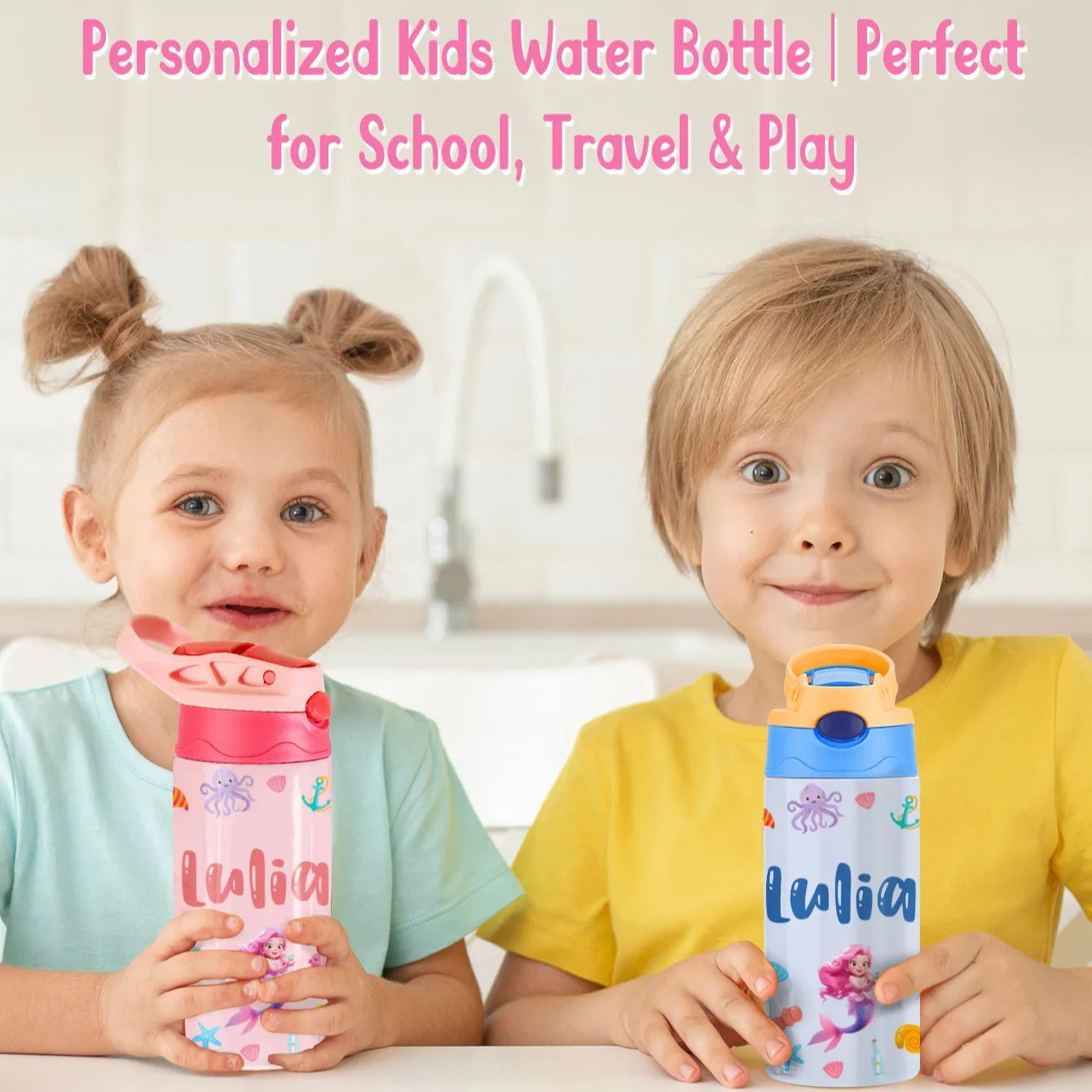 Custom Name Printed Kids Cute Water Bottle - Personalized Back To School Gifts For Kids - Get Photo Blanket
