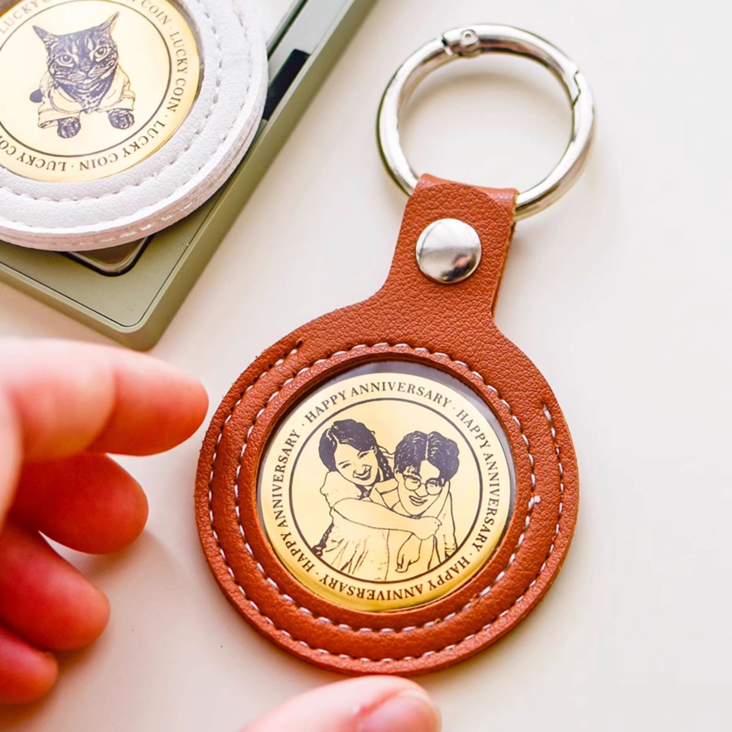 Personalized Calendar Lucky Charm Gold Coin Keychain with Custom Photo & Date | Engraved Titanium Steel Coin in PU Leather Case | Anniversary, Birthday, Christmas Gift for Couples - Get Photo Blanket