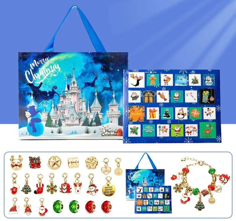 Christmas Princess Advent Calendar Bracelet 24 Days of Christmas Countdown Calendar Jewellery Blind Box, DIY Jewelry Making Kit with Charm Beads, DIY Christmas Bracelet Gifts for Girls
