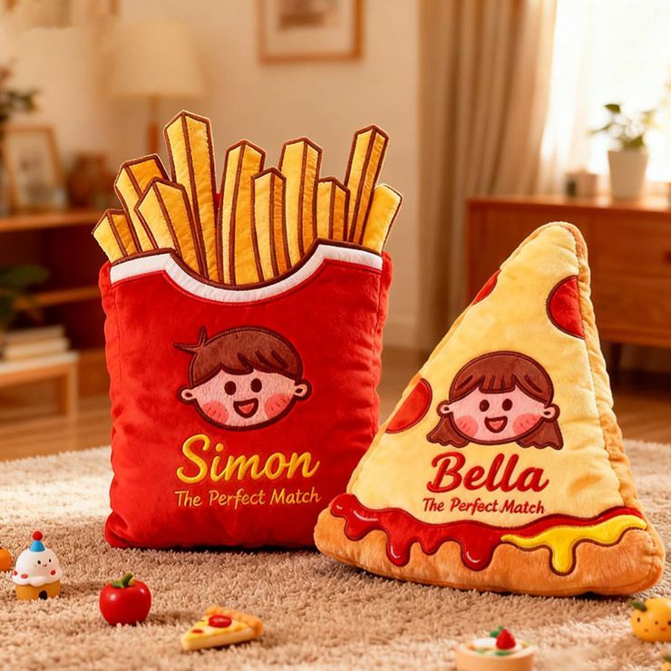 Personalized Cheese Pizza Girl and Crispy Fries Boy Pillow with Name & Face Custom Couple Cushion Gift for Her/Him - Get Photo Blanket