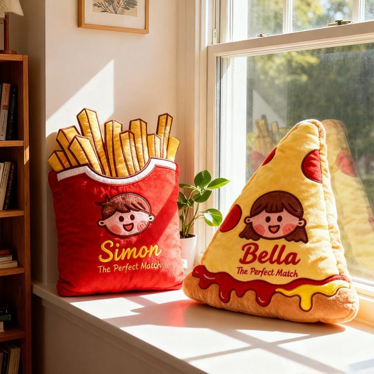 Personalized Cheese Pizza Girl and Crispy Fries Boy Pillow with Name & Face Custom Couple Cushion Gift for Her/Him - Get Photo Blanket