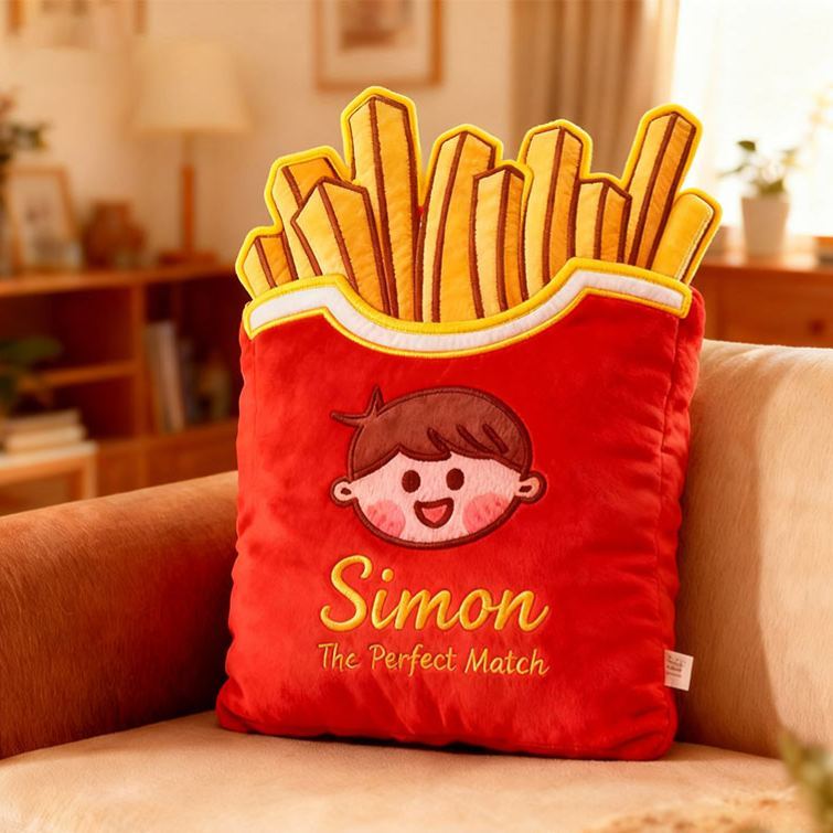 Personalized Cheese Pizza Girl and Crispy Fries Boy Pillow with Name & Face Custom Couple Cushion Gift for Her/Him - Get Photo Blanket