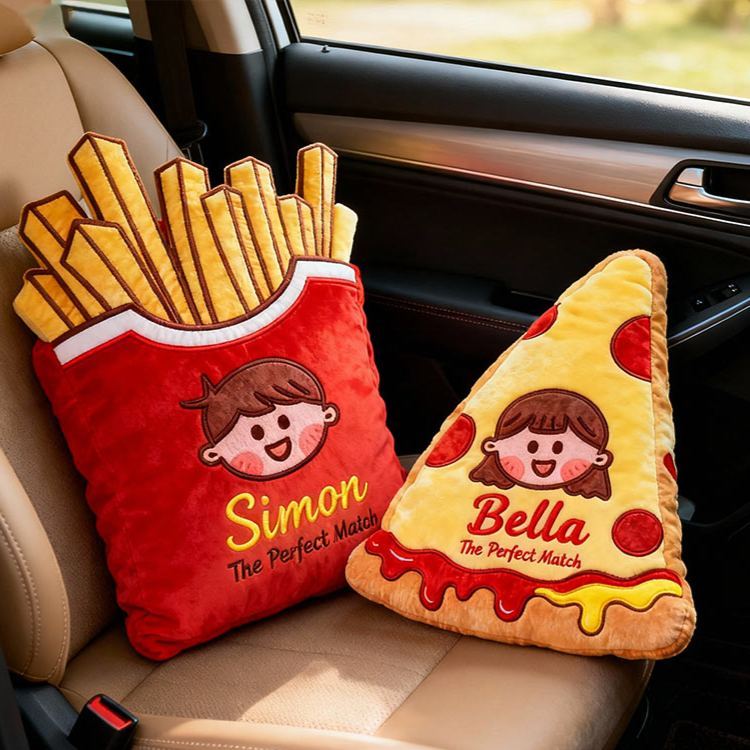 Personalized Cheese Pizza Girl and Crispy Fries Boy Pillow with Name & Face Custom Couple Cushion Gift for Her/Him - Get Photo Blanket