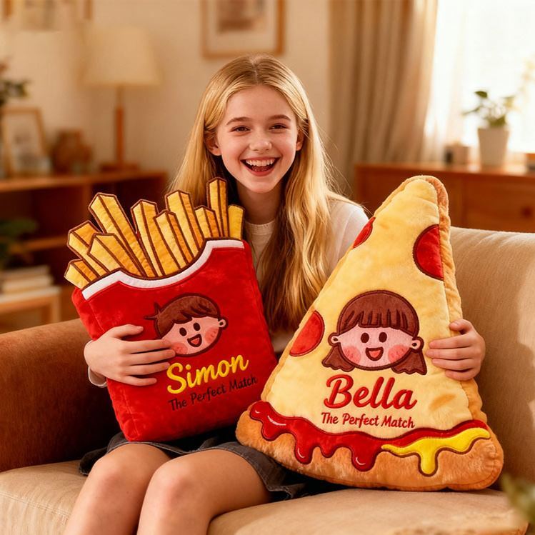 Personalized Cheese Pizza Girl and Crispy Fries Boy Pillow with Name & Face Custom Couple Cushion Gift for Her/Him - Get Photo Blanket