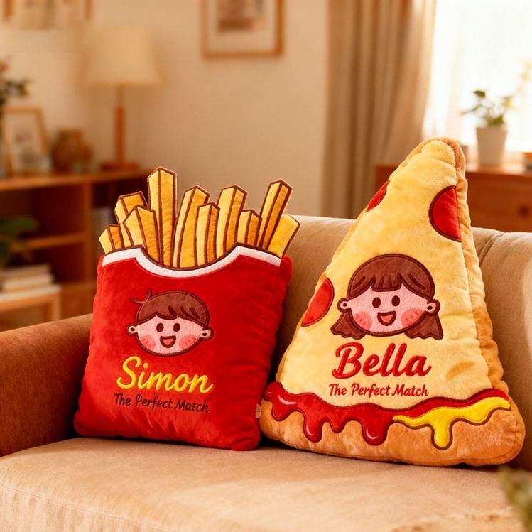 Personalized Cheese Pizza Girl and Crispy Fries Boy Pillow with Name & Face Custom Couple Cushion Gift for Her/Him - Get Photo Blanket