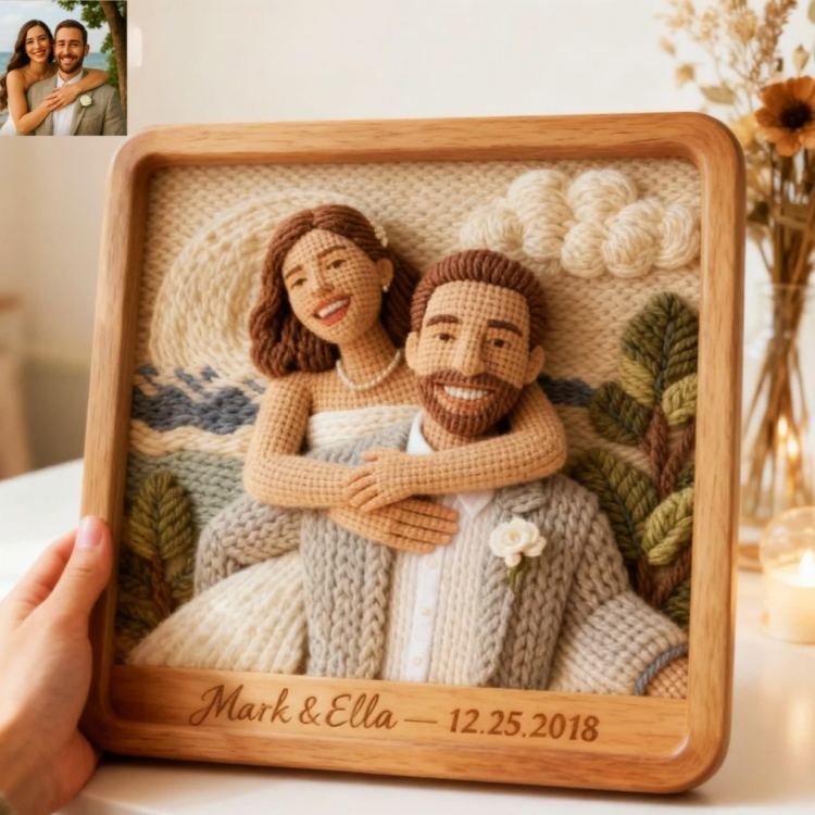 Personalized Custom 3D Knitted Photo Portrait Frame | Personalized Yarn Art Keepsake for Couples, Anniversary & Valentine’s Day Gifts - Get Photo Blanket