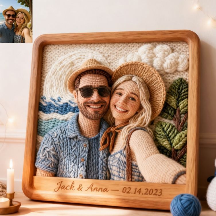 Personalized Custom 3D Knitted Photo Portrait Frame | Personalized Yarn Art Keepsake for Couples, Anniversary & Valentine’s Day Gifts - Get Photo Blanket