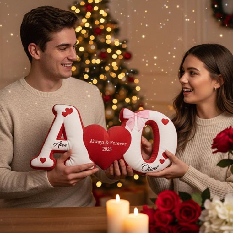 Personalized Couple Custom Initial Heart Throw Pillow Custom Names Couple Home Pillow Romantic Valentine's Day Gift for Girlfriend for Wife - Get Photo Blanket