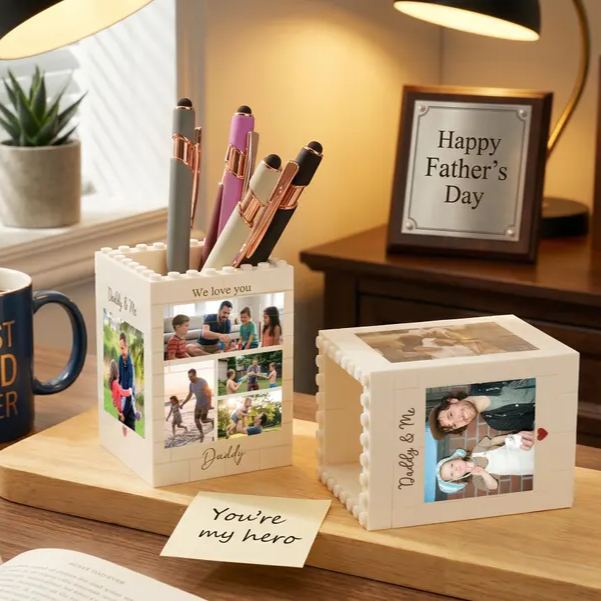 Personalised Daddy & Me Brick Photo block Pencil Pot, Brick-Inspired Organizer, Gifts for Dad, Kids, Chirlren, Student