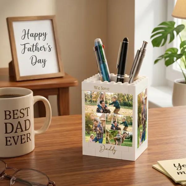 Personalised Daddy & Me Brick Photo block Pencil Pot, Brick-Inspired Organizer, Gifts for Dad, Kids, Chirlren, Student