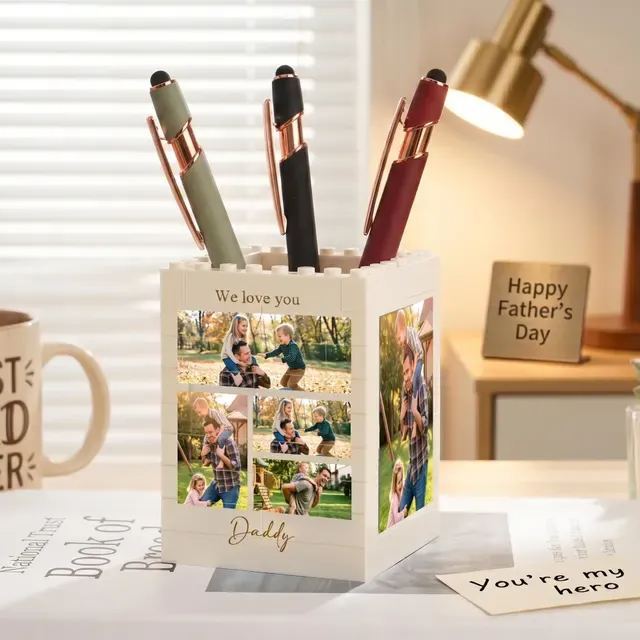 Personalised Daddy & Me Brick Photo block Pencil Pot, Brick-Inspired Organizer, Gifts for Dad, Kids, Chirlren, Student