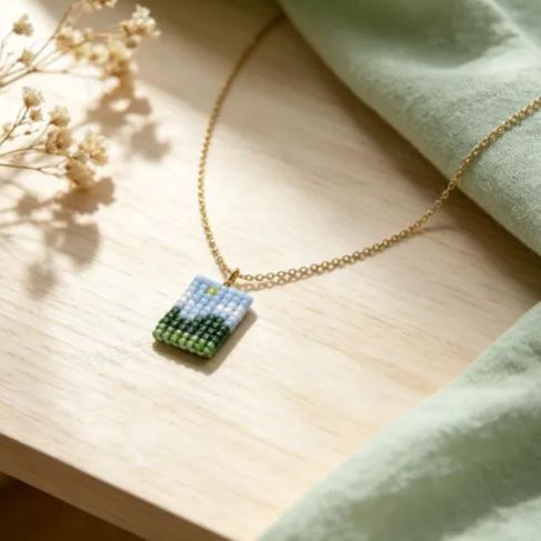 Landscape Necklace -Mini Pixel Mountain View Pendant Necklace Aesthetic Forest Layered Jewelry