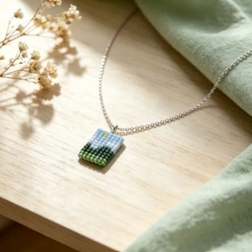 Landscape Necklace -Mini Pixel Mountain View Pendant Necklace Aesthetic Forest Layered Jewelry