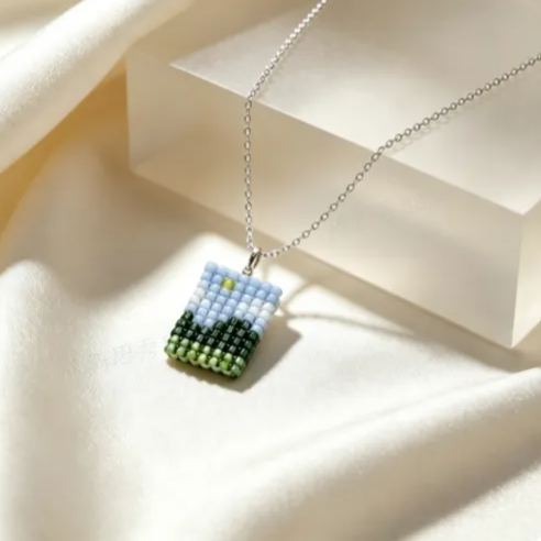 Landscape Necklace -Mini Pixel Mountain View Pendant Necklace Aesthetic Forest Layered Jewelry