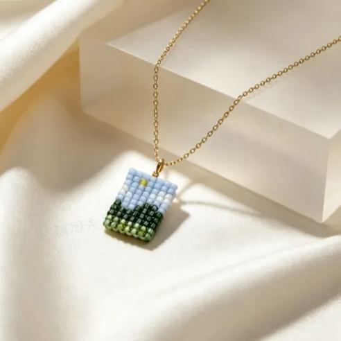 Landscape Necklace -Mini Pixel Mountain View Pendant Necklace Aesthetic Forest Layered Jewelry