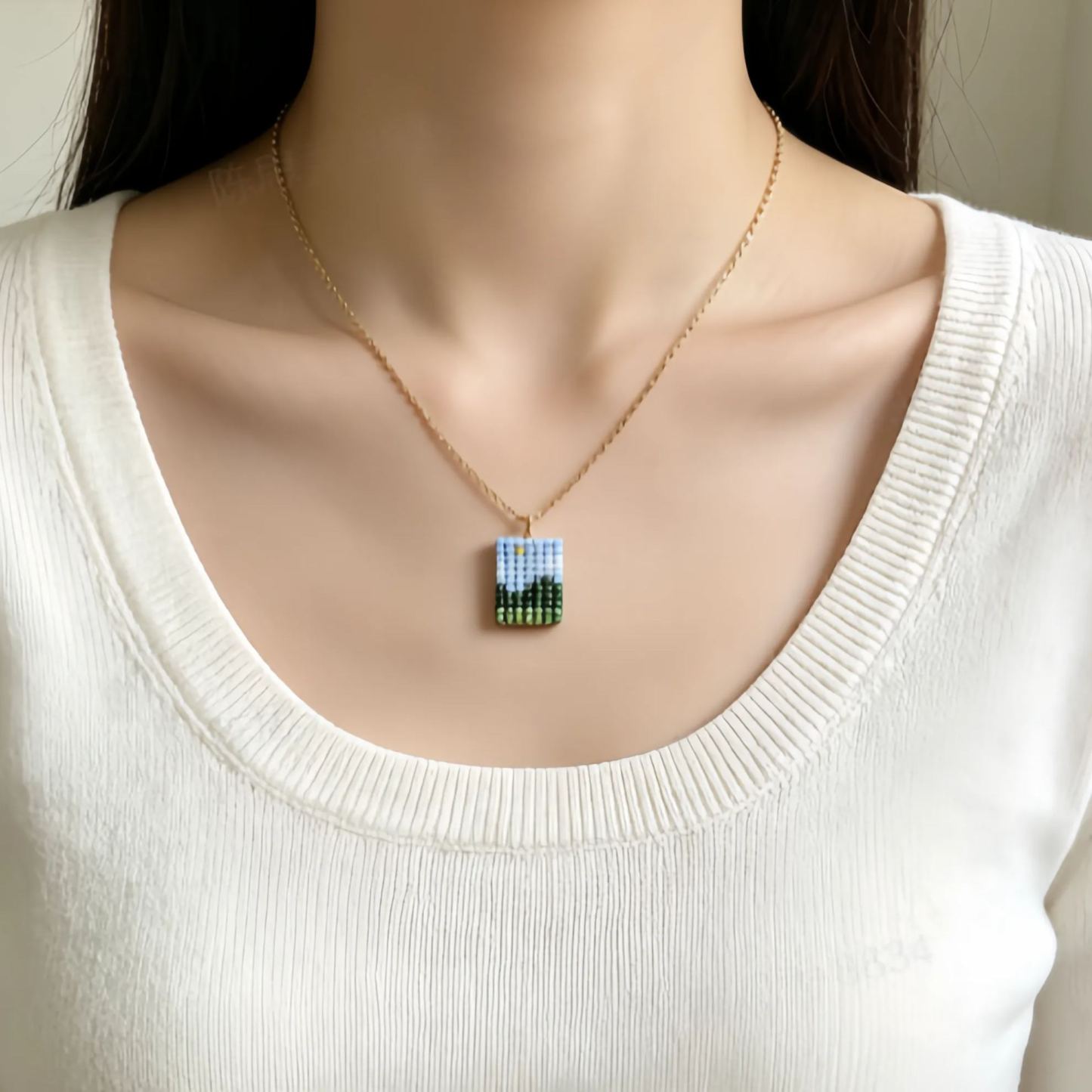 Landscape Necklace -Mini Pixel Mountain View Pendant Necklace Aesthetic Forest Layered Jewelry