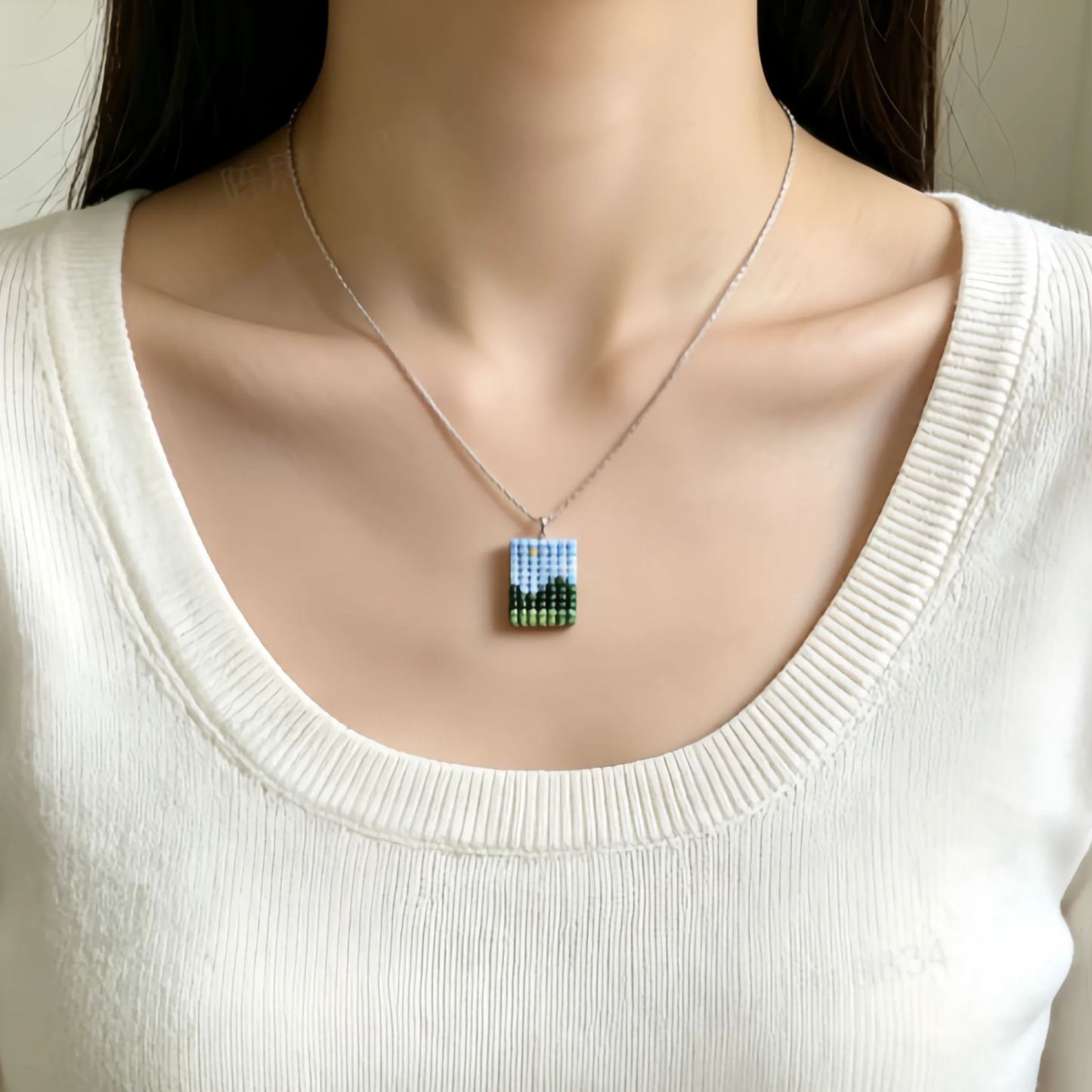 Landscape Necklace -Mini Pixel Mountain View Pendant Necklace Aesthetic Forest Layered Jewelry
