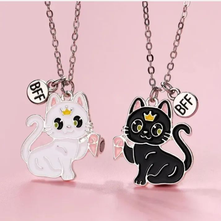 Black & White Cat BFF Matching Necklaces, Crown Kitten Best Friend Friendship Pendant Necklace Set for Girls