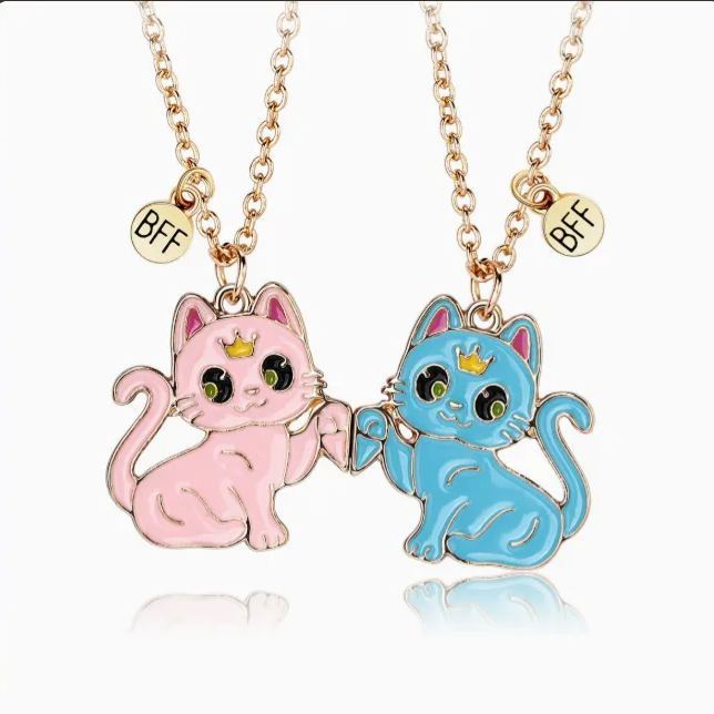 Black & White Cat BFF Matching Necklaces, Crown Kitten Best Friend Friendship Pendant Necklace Set for Girls