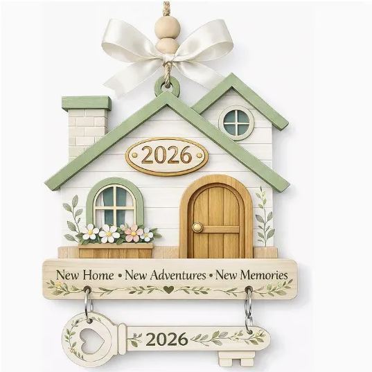 New Home Gift Wooden House Ornament - Housewarming Key Pendant Decor