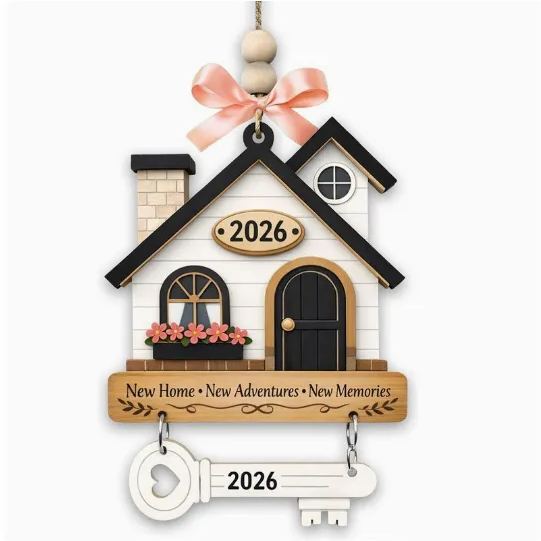 New Home Gift Wooden House Ornament - Housewarming Key Pendant Decor