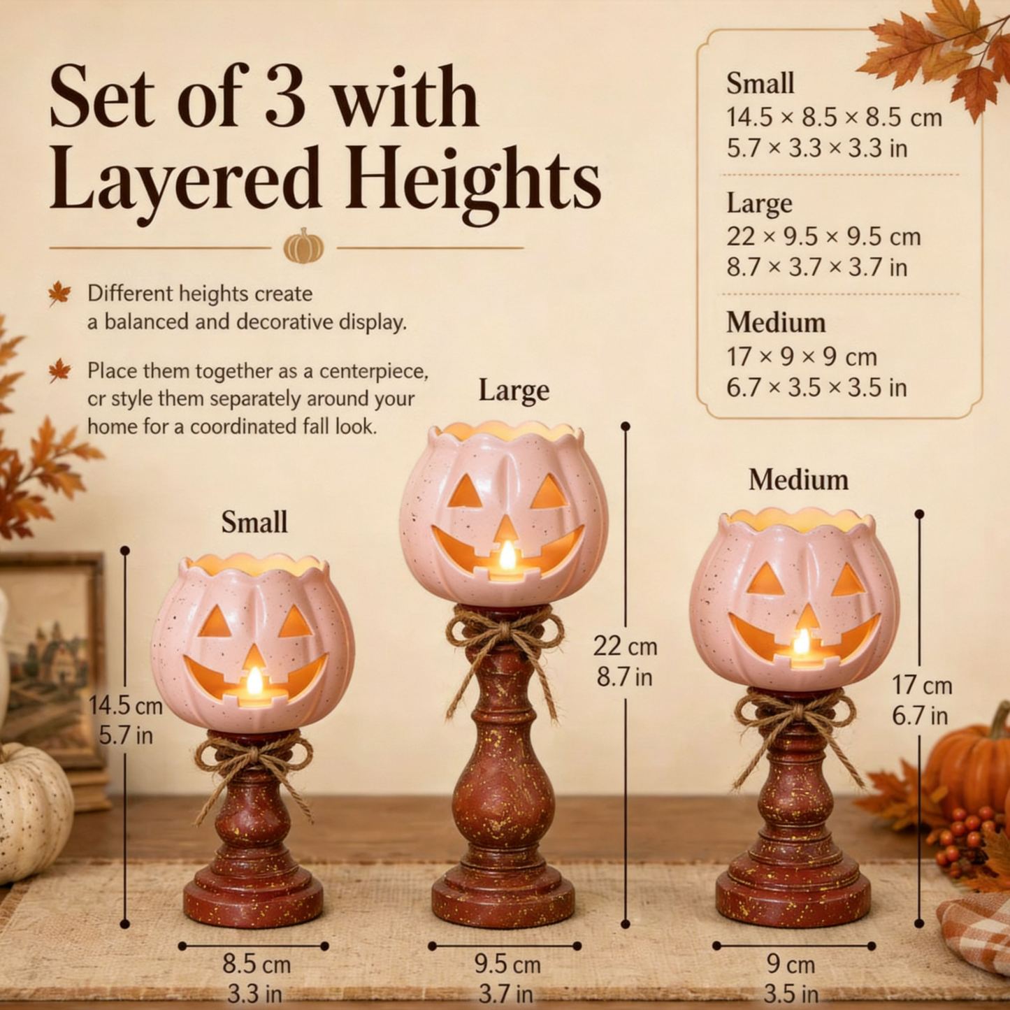 Rustic White Pumpkin Tealight Candle Holders, Layered Farmhouse Fall Decor For Halloween & Thanksgiving