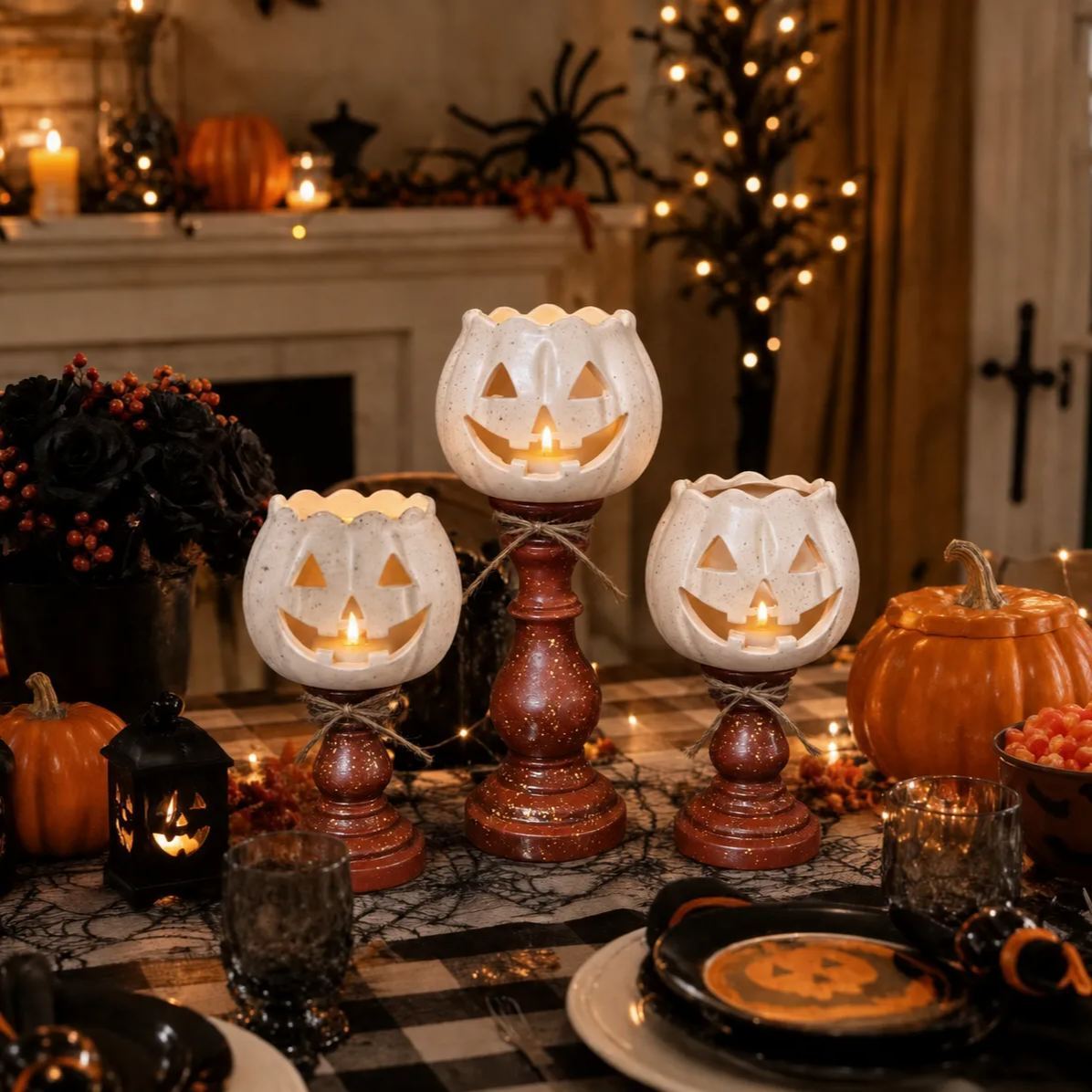 Rustic White Pumpkin Tealight Candle Holders, Layered Farmhouse Fall Decor For Halloween & Thanksgiving
