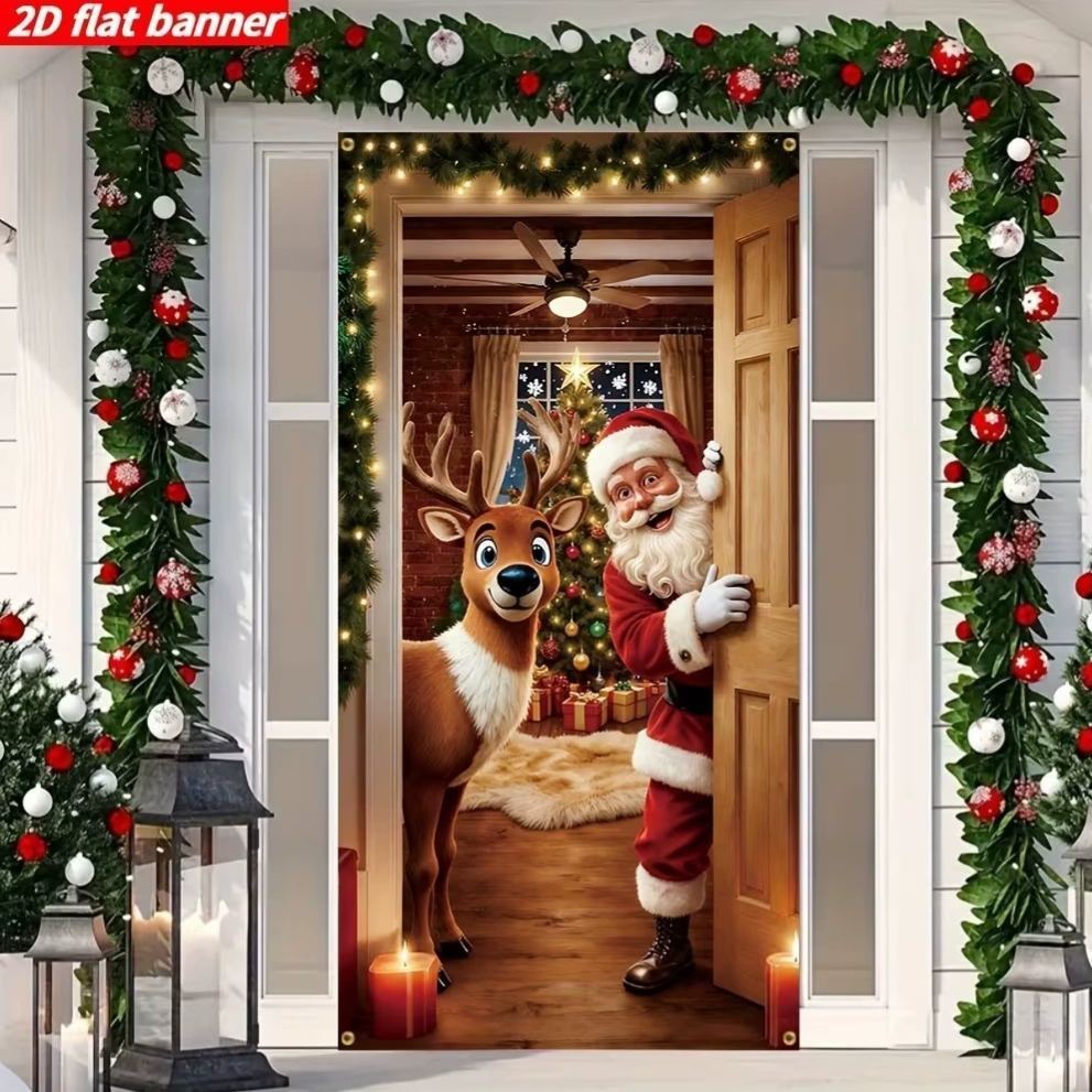 Christmas Door Cover - Christmas Door Decoration Banner with Santa, Reindeer & Christmas Tree Designs