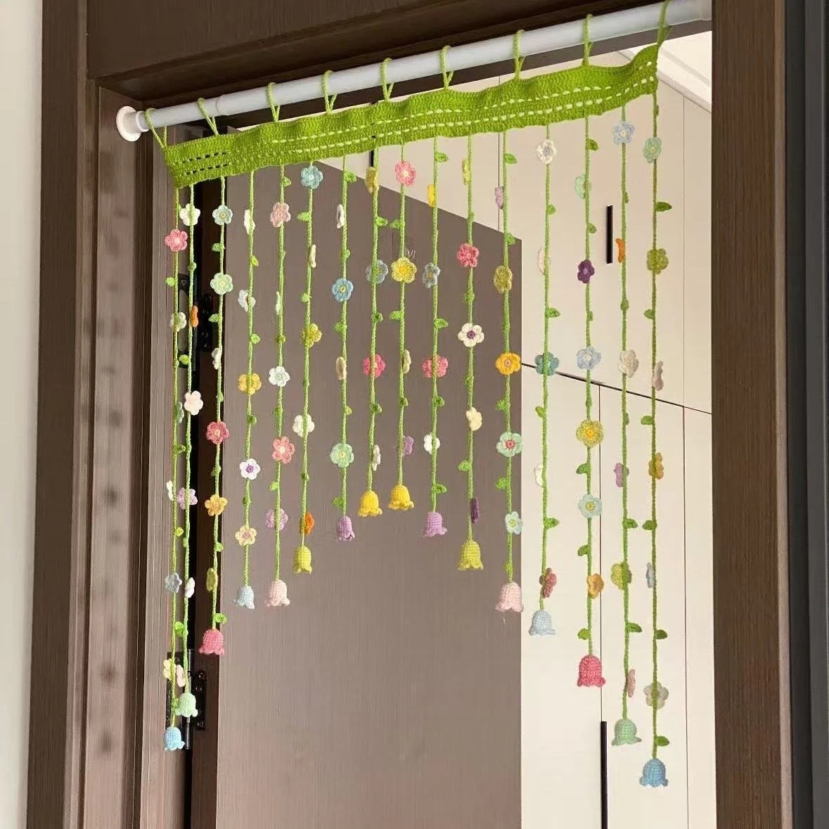 🌸 Handmade Crochet Spring Flower Door Curtain | Floral Tassel Curtain for 80cm Doorway
