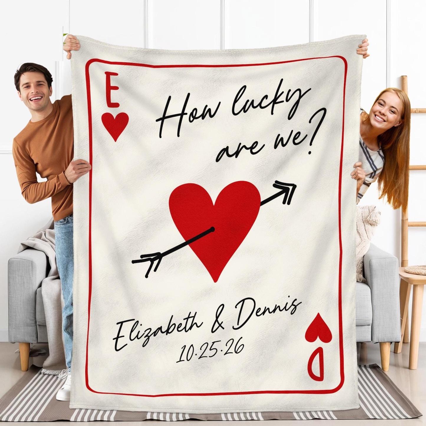 Personalized Playing Cards Fleece Blanket: Custom Photo Red Rose Valentine's Day Anniversary Gift
