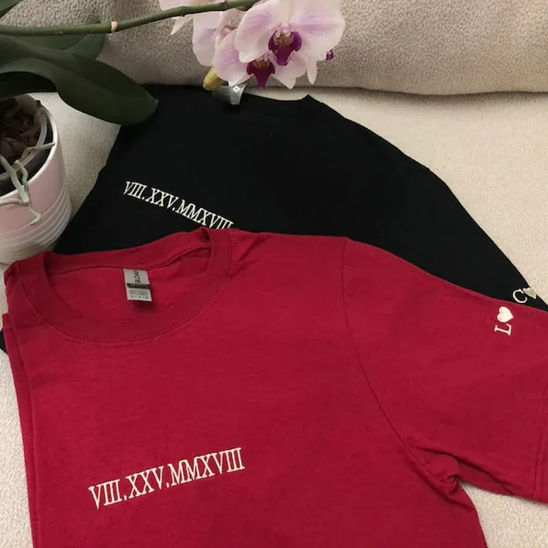 Custom Engraved Hooded Embroidery Round Neck Roman Numeral Date Couple Gifts -