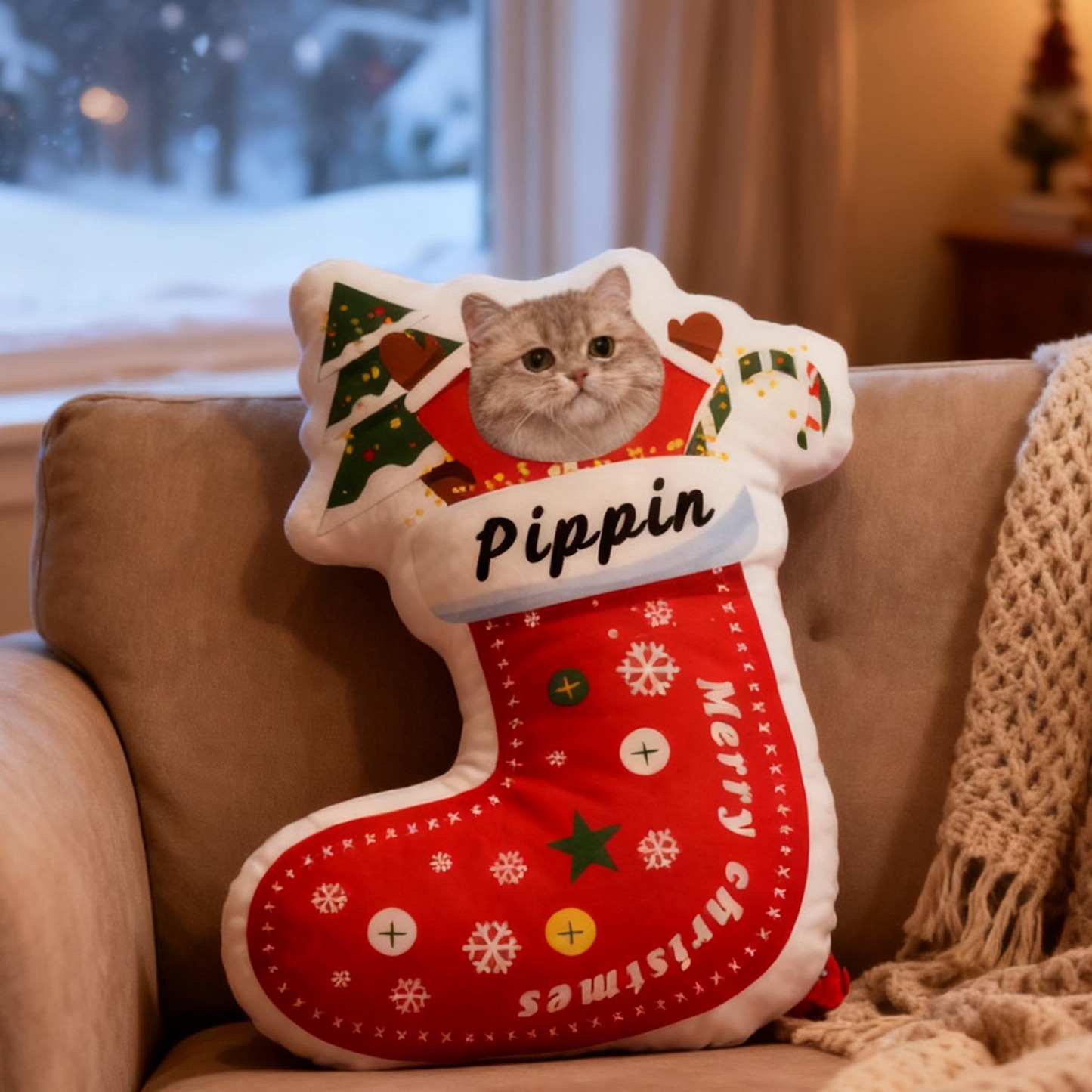 Custom Pet Christmas Stocking Pillow, Personalized Portrait & Name, Pet Face Cushion