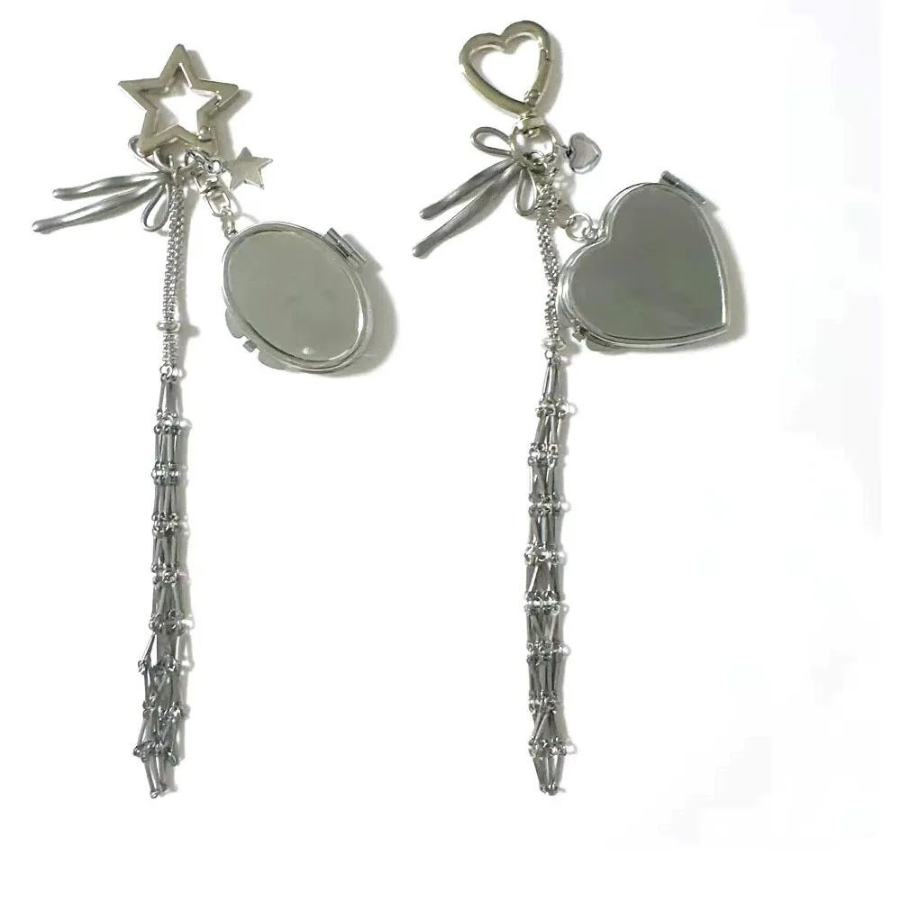 Metal Lipstick Holder Bag Charm Heart & Star Decor Lipstick Case Keychain With Mini Mirror Bag Pendant For Handbags