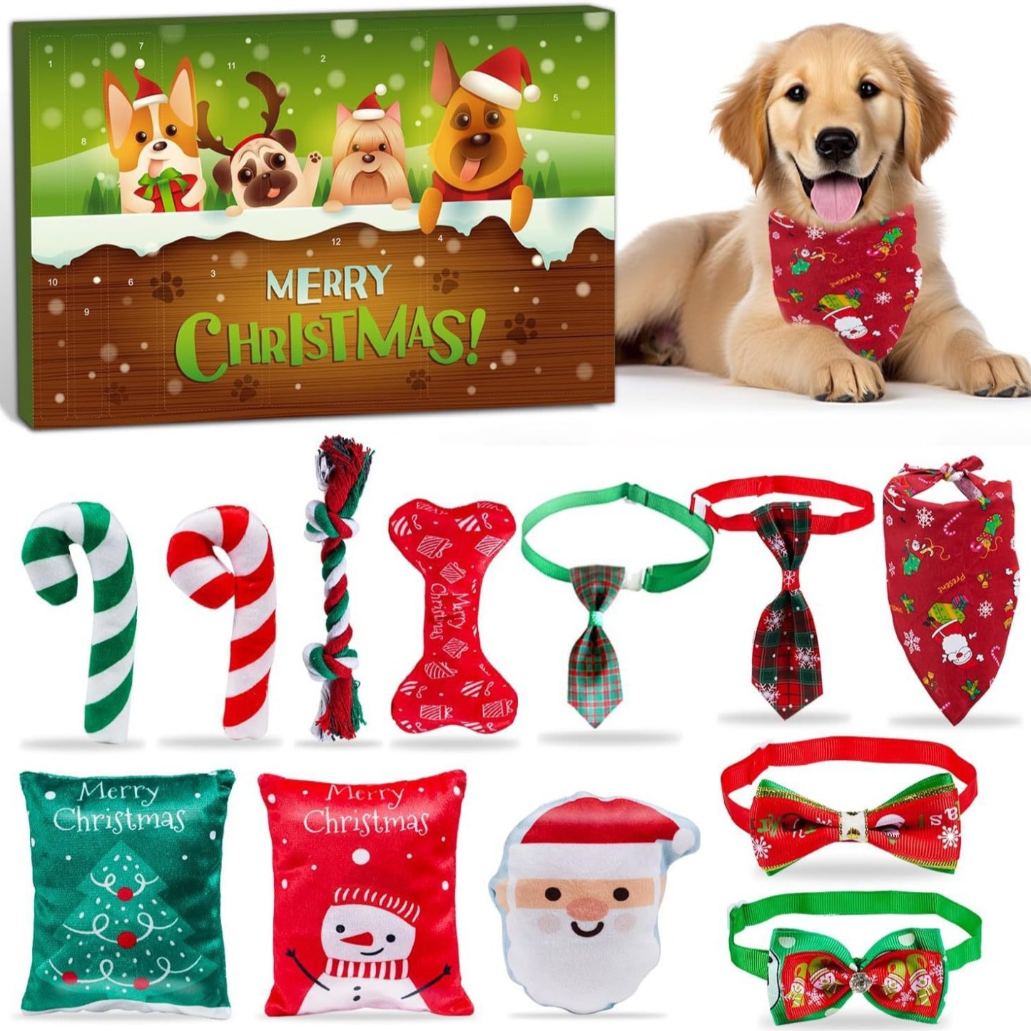 Dog Advent Calendar 24 Days Dog Toy Christmas Countdown Calendar with Chew Ropes Toys Squeaky Balls Teething Toys Christmas Toy Gift for Xmas Small Large Dog Puppy Pet