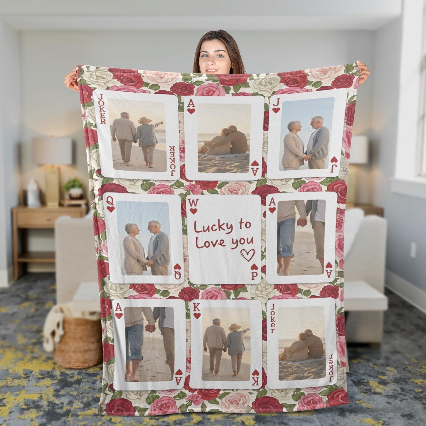 Personalized Playing Cards Fleece Blanket: Custom Photo Red Rose Valentine's Day Anniversary Gift