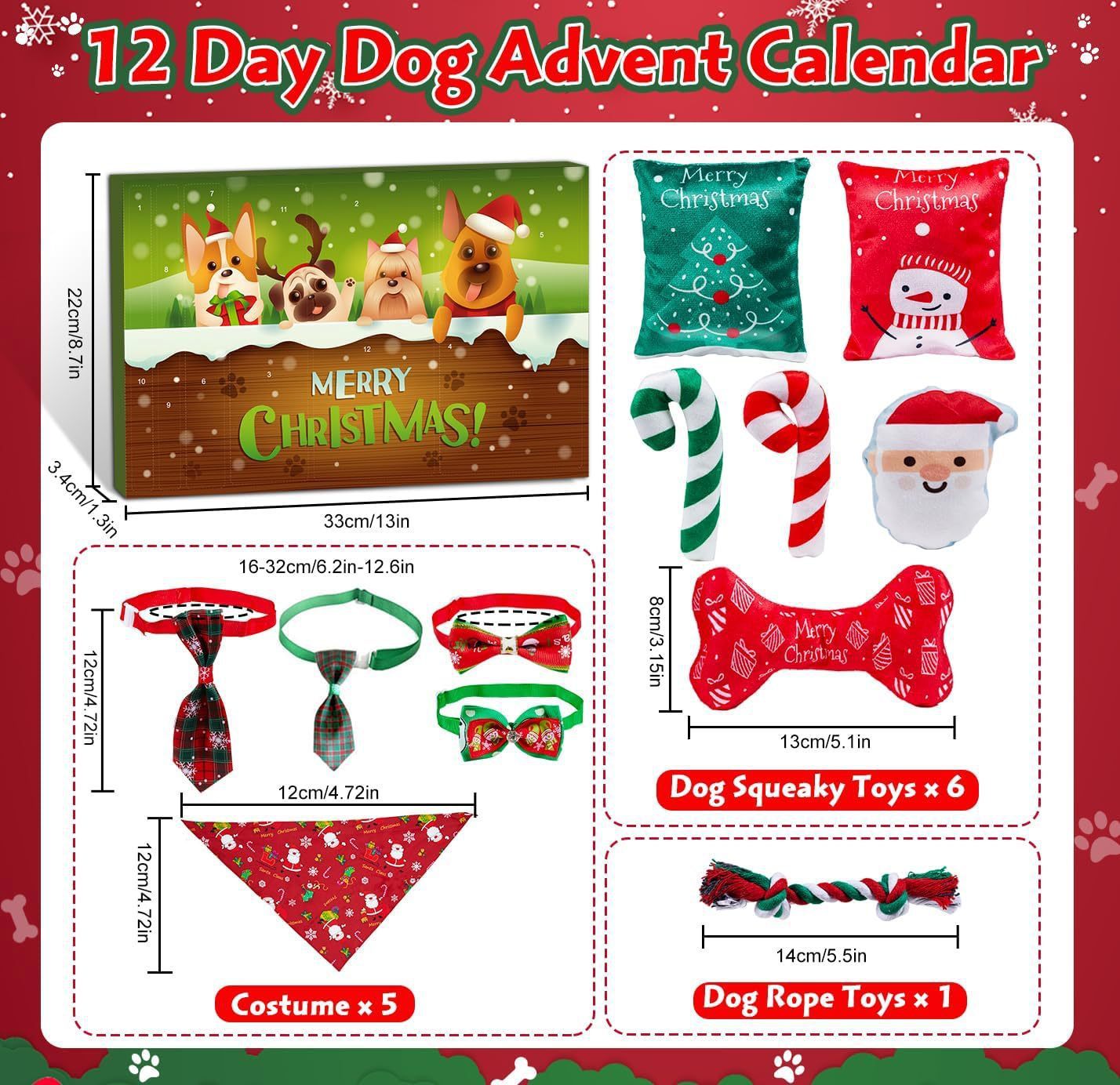 Dog Advent Calendar 24 Days Dog Toy Christmas Countdown Calendar with Chew Ropes Toys Squeaky Balls Teething Toys Christmas Toy Gift for Xmas Small Large Dog Puppy Pet